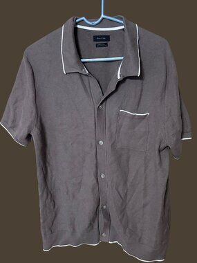 Porter & Ash Men’s Large Taupe Knit Button-Up Shirt Retro Tipped Collar Short Sl